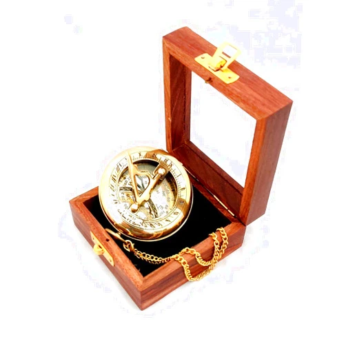 Marine Collection Mart Handmade Style Sundial Compass Nautical Push Button Working Compass with Wooden Box Nautical Compass Baptism Gift of Faith, Christmas/Family and Friends