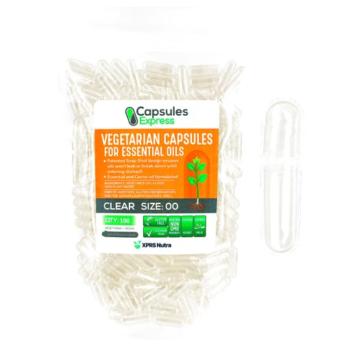 XPRS Nutra Size 00 Empty Vegan Capsules - 100 Count Clear Veggie Capsules for Essential Oils - Empty Vegetable Capsules for Essential Oils - DIY Oil Filling Works with Most Essential Oils