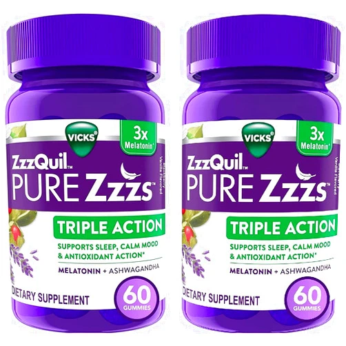 ZzzQuil Pure Zzzs Triple Action, Melatonin Gummies, 3X Melatonin Sleep Supplement with Ashwagandha, Calm Mood & Antioxidant Action, Sleep Supplement for Adults, 6 mg per Serving, 60 Count (Pack of 2)