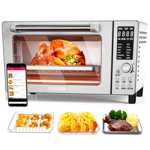Nuwave Bravo Air Fryer Toaster Smart Oven, 12-in-1 Countertop Convection, 1800 Watts, 21-Qt Capacity, 50°-450°F Temp Controls, Top and Bottom Heater Adjustments 0%-100%, PFAS Free, Stainless Steel