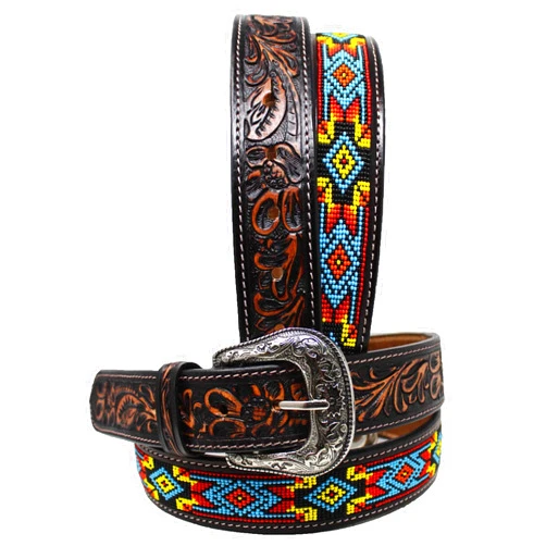 CHALLENGER Western Antique Floral Tooled Beaded Full-Grain Leather Belt 26FK31