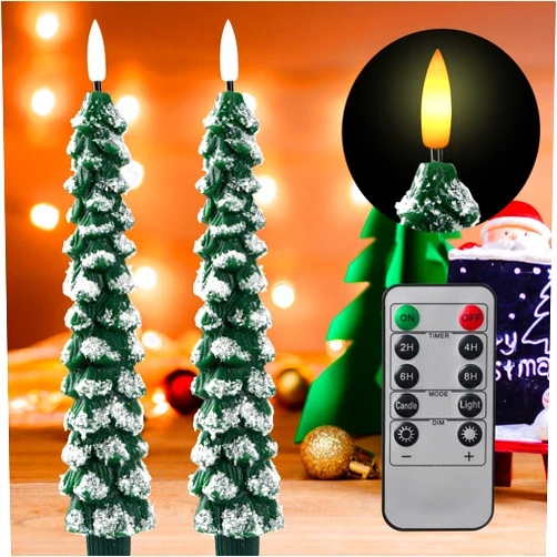 Sohveta 2 Pack Christmas Candles - Flameless Candles with 3D Realistic Flame, Remote Control & Snowy Tree Design for Christmas Decorations & Gifts