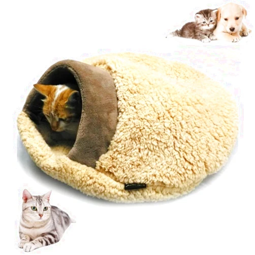 JCATPD Cat Sleeping Bag, Cat Winter Sleeping Bag for Indoor Cats, Self Warming Cat Bed Cave, Semienclosed Soft Plush Large Cat Sack Covered Cat Bed with Cave for Kitten Puppy (Brown, M-23.6x19.7x6.3in)