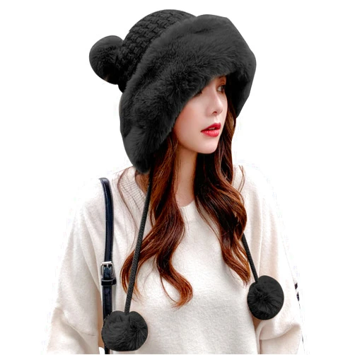 Peicees Winter Beanie Hats for Women Warm Knit Skull Cap Fur Hat with Pompom Russian Ushanka Trapper Hat Ear Cover