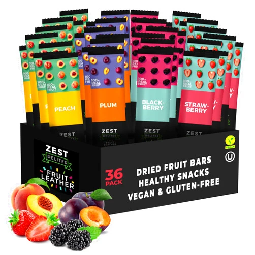 ZEST Delites Fruit Snacks by Zest Delites, Fruit Leather, Healthy Snacks for Adults, Dried Fruit Snack Bulk, Fruit Bars, Vegan Fruit Strips, Apple-Based, Strawberry, Peach, Blackberry, Plum, 0.88 oz x 36