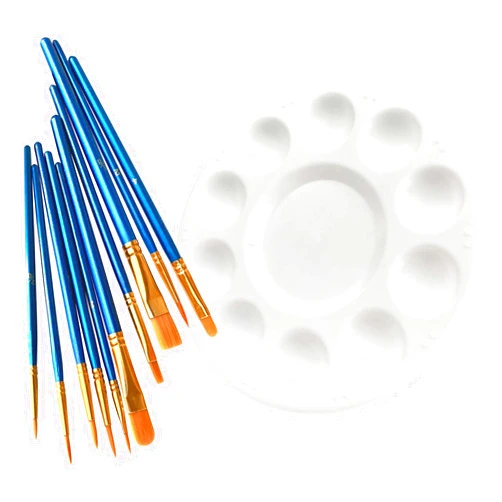 LNAUJS Paint Brushes Palette Set, 10pcs Nylon Hair Brushes and 1pcs Plastic Paint Palette, Combination Suitable for Oil, Acrylic and Watercolor