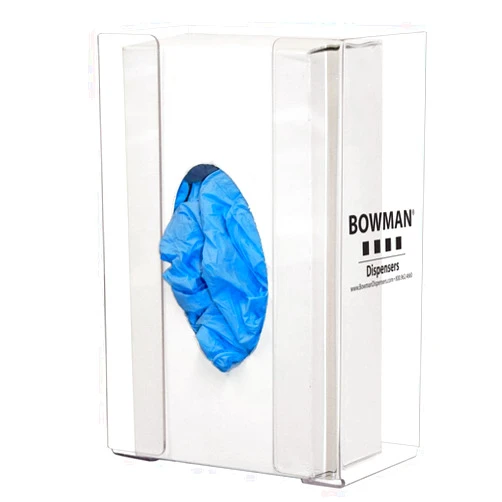 Bowman Dispensers Glove Box Dispenser - Single - Large Holds one large capacity box of gloves Two-way keyholes for vertical or horizontal wall mounting Clear PETG Plastic Made in the USA Dims: 4.01”L x 6.64”W x 10.03”H