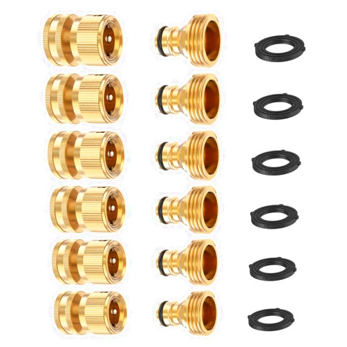 FINEST+ Garden Hose Quick Connector, Solid Brass 3/4 Inch Thread Fitting No-Leak Water Hose Female and Male Easy Connect (6 Sets)