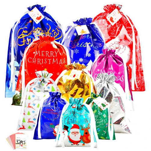 C APPOK Christmas Gift Bags with Drawstring - 32pcs Christmas Wrapping Bag for Presents - Xmas Gift Bags Assorted Sizes Jumbo/Large/Medium/Small Goodie Bags with Tags for Christmas Decorations