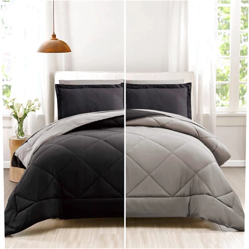 Furnishh Queen Comforter Set 7 Pieces Bed in a Bag, Full/Queen Reversible Bed Set with Comforter, Flat Sheet, Fitted Sheet, Pillowcases & Shams, Black and Grey Bedding Sets for Queen Size Bed