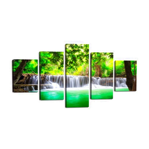 Yatsen Bridge Beautiful Waterfall Wall Art 5 Pieces Green Forest Canvas Painting Modern Natural Landscape Picture Dreamlike Poster Print Giclee Artwork Home Decor for Living Room Bedroom Office Framed (60''Wx32''H)