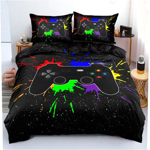 Holiyjog Game Bedding Set for Boys Kids Gamepad Duvet Cover with 2 Pillowcases Gamer Bedroom Decor Black Bed Set 3pcs,Twin Size