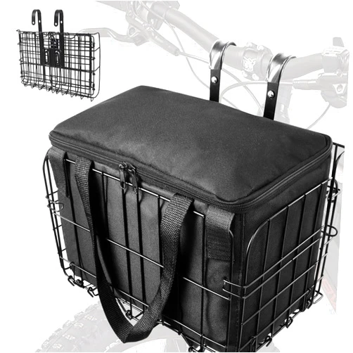 LIQING Bike Basket Front Folding Bicycle Basket with Removable Liner Bag, Quick Release Design Metal Ebike Basket for Adult Women/Men Carrying Dogs, Pets, Fruit & Grocery