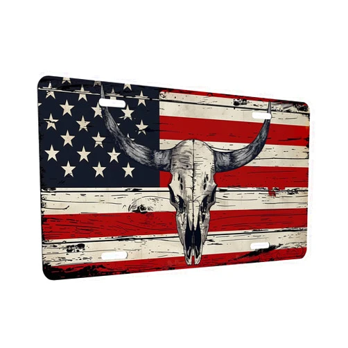 Jowvmq Longhorn Cattle Skull License Plate Cover American Flag Cow License Plate Cover Personalise Stainless Steel Metal Car Plates Funny License Plate Cover Decorative for Men Women 12x6 Inch