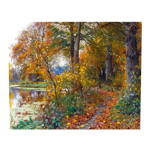 CLOUD NINE PRINTS | Forest Landscape Art, Vintage Woodland Print - Fall Foliage Wall Art, Early Autumn Lake Decor, Scandinavian Realism Art (5x7 Print - Unframed)