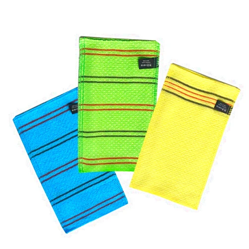 NOPIGO Korean Exfoliating Mitt Body Scrub Washcloth (Long 3 Pack) (Blue Yellow Green)