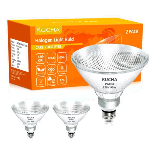 RUCHA PAR38 Halogen Light Bulds, 120V 90W Dimmable PAR38 Reflector Flood Light Bulds, E26 Base, Warm White, for Flood Lights Outdoor, Indoor Flood Light Bulbs, 2 Pack