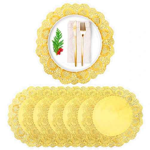 Svalor 50 Pack Gold Doilies, 10.5 Inch Disposable Charger Plates, Round Doilies for Food, Paper Placemats Bulk for Party Table Decor