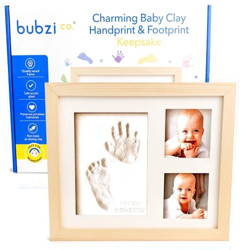 Bubzi Co Baby Footprint Kit, Baby Foot and Hand Print Kit, Baby Keepsake Frame, Nursery Pictures Frames, Hand Print Mold Kit, New Mom Gifts, Baby Newborn Essentials Must Haves, Baby Shower Gifts (Natural Wood)