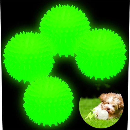 Silipull 4 Pcs 3.15 Inch Glow in The Dark Spiky Squeak Dog Balls Rubber Spike Light Dog Ball Squeaky Interactive Elastic Glow in The Dark Dog Toys for Puppy Pet