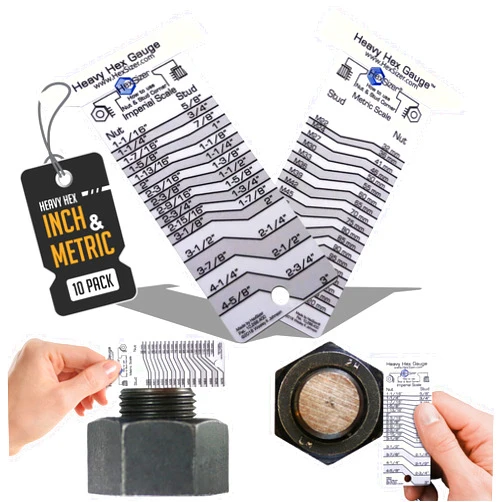 HexSizer 10 Pack Heavy Hex Nut, Bolt & Stud Gauge Tool - Durable Plastic Measuring Gauge Set, Compact, With Protective Vinyl Sleeve - Hardware Sizing Tool Identifier - Inch Measurement (Gray on White)