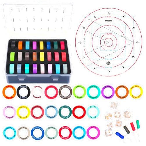 ALIZERO Upgraded ALIZERO Tabletop RPG DND Condition Markers Set and Spell AOE Damage Marker D&D Area Effect Template, with 96 DND Status Effect Markers in 24 Frequently Used Conditions