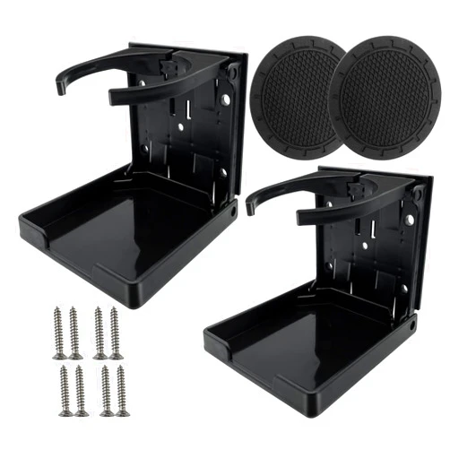 IOUALEY 2Pcs Adjustable Folding Drink Holder with Screws and Tapes, Universal Car Cup Bottle Holder + 2 Pcs Car Cup Holder Coaster for Marine Boat Caravan Car Trucks RVs Vans, (Black)