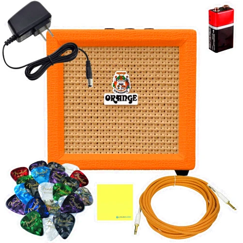 Liquid Audio Orange Amps Crush Mini 3W Guitar Amp Combo Set with Power Adapter, Pig Hog Instrument Cable, 24x Guitar Picks, Battery & Liquid Audio Polishing Cloth - Portable Mini Amplifier, Guitar Amplifier