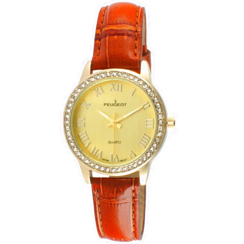 Peugeot Women's Metal Roman Numeral Crystal Leather Dress Watch