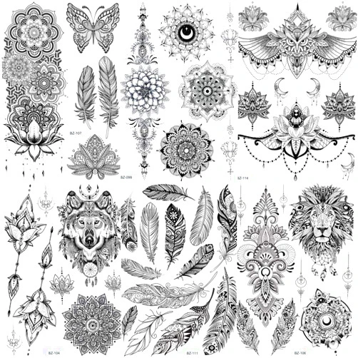 COKTAK 6 Pieces/Lot Unique Black Henna Temporary Tattoo Stickers For Adults Women Girls Feather Mandala Flower Body Art Large Big Arm Tattoos Sheet Lace Indian Mehndi Sexy Wedding Tatoos OWL