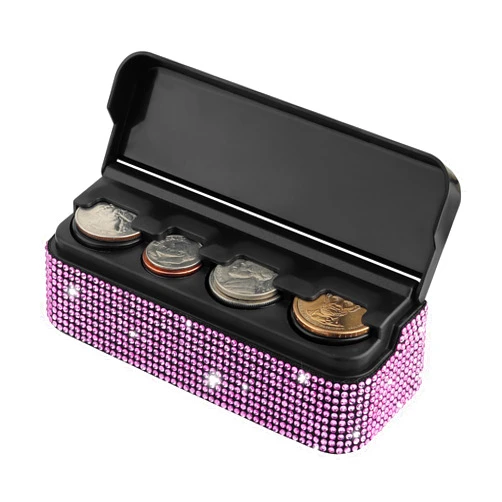 Carleef Bling Coin Holder for Car,4 Compartment Car Organizers and Storage with Rhinestones Compatible with Quarter/Nickel/Pennies/Dimes,Universal Coin Organizer for Car Truck SUV (Pink)