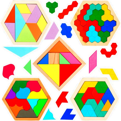 Jerify 5 Pack Wooden Tangram Puzzle for Kids Wooden Hexagon Puzzle Block Teaser Geometric Shapes Tangram Games for Jigsaw 3D Logic IQ Game Gift(Geometry)