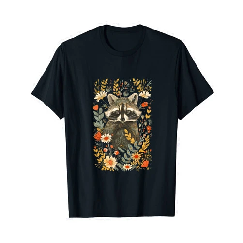 Raccoon Cottagecore Aesthetic Animal Designs Cute Raccoon Cottagecore Botanical Flowers Nature Whimsical T-Shirt