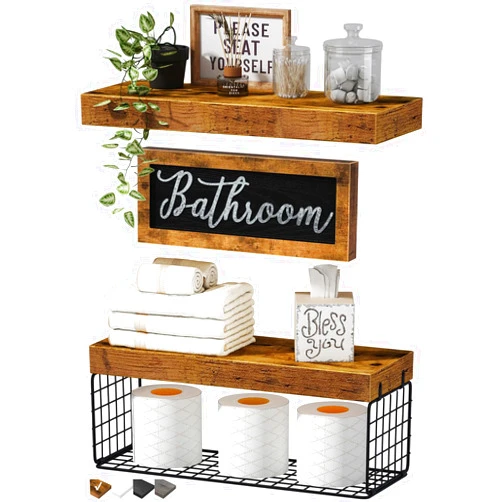 QEEIG ‎Bathroom Shelves Over Toilet - Paper Storage Wall Mounted Farmhouse Decor Decorations Aesthetic Décor Sign Small Floating Shelf 2+1 Set 16 inch, Rustic Brown (020BN)