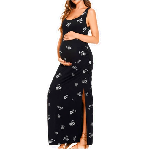 Smallshow Women's Split Long Maternity Dress Sleeveness Ruched Pregnancy Clothes