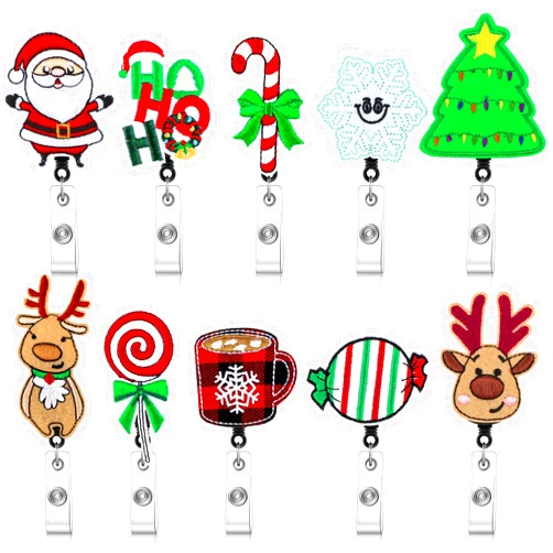 Marspark 10 Pcs Christmas Holiday Badge Reels for Nurses Badge Holder Santa Elk Christmas Tree Candy Canes Lollipop Felt Embroidered Retractable Badge Reel Holder with Clip for Nurse Doctor (Santa Claus)