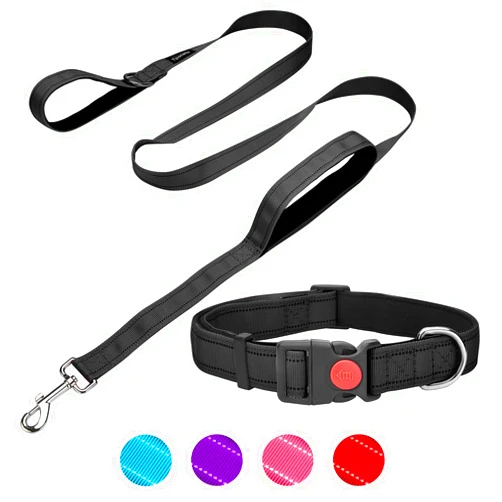 Tpotato Reflective Dog Collar And Leash Set,Adjustable Neoprene Padded Nylon Collars, 6 FT Heavy Duty Dog Leash 2 Comfortable Handles Safety Locking Buckle for Puppy Small Medium Extra Large Breed Dog