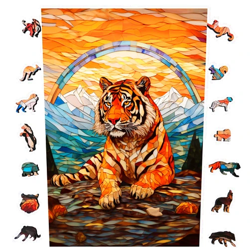 MAKUARI Wooden Jigsaw Puzzle for Adults, Grand Bengal Tiger 200 Pcs, 5mm, Medium Size (7,9 in by 11 in), Gift, Unique Shape Best Gift for Adults Kids, Family Game, Animal Shape, American Landscape