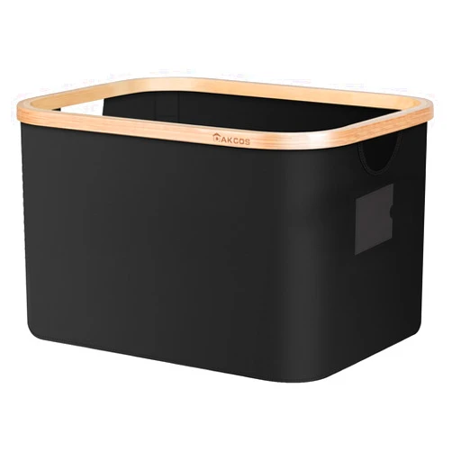 DAKCOS Foldable Storage basket with Handles Bamboo Rim Collapsible Fabric Storage basket for Storage Clothes,Toys,etc. 32L,Black