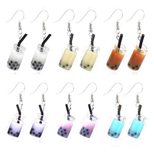 D.Rosse 6 Pairs Creative Unique Bubble Boba Tea Dangle Earrings Funny Personality Milk Tea Drink Earring Colorful Glass Bottle Funny Earrings for Women Girls Party Jewelry Gifts