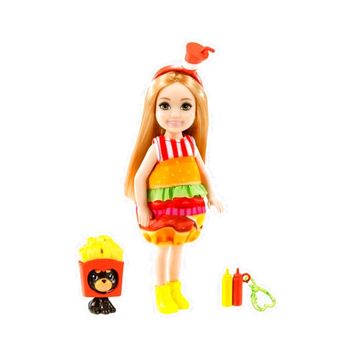 Barbie Club Chelsea Dress-Up Doll (6-inch Blonde) in Burger Costume with Pet and Accessories, Gift for 3 to 7 Year Olds
