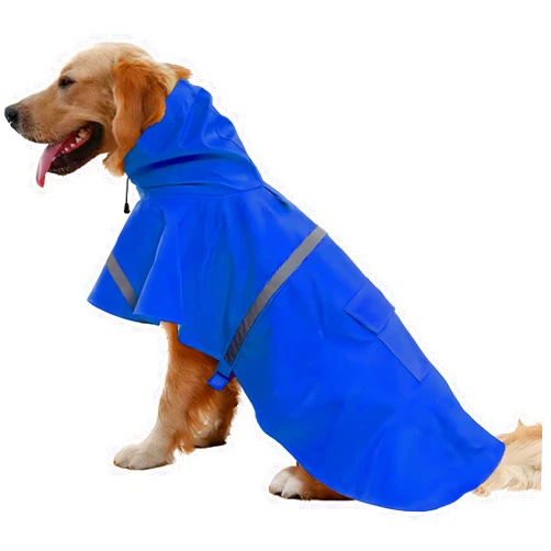 NACOCO Large Dog Raincoat Adjustable Pet Water Proof Clothes Lightweight Rain Jacket Poncho Hoodies with Strip Reflective (L, Blue)