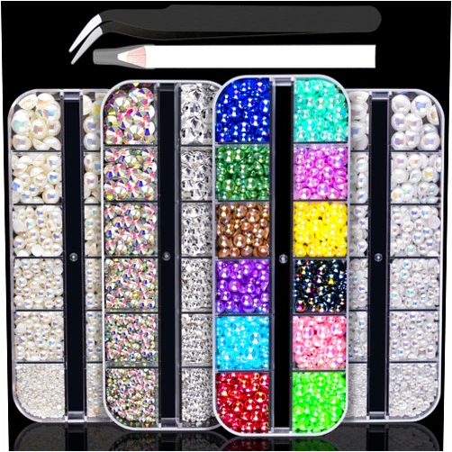 BELLEBOOST 4800 Pcs 4 Boxes Flat Back Rhinestone&Pearls Kits Flatback Round Crystal AB&Clear Gems+ColorfulAB+WhiteAB+BeigeAB Half Round Pearls with Pickup Pencil and Tweezer for Nail Art, Face Makeup and Craft