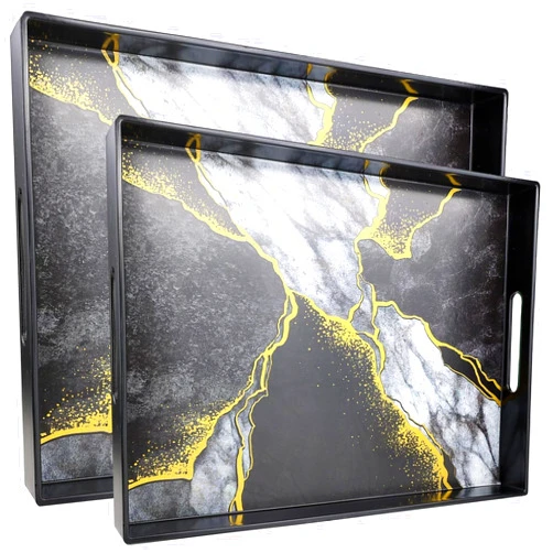 SforGUVA Set of 2 Black Marble Serving Trays with Handles, Plastic Nesting Trays for Coffee Table, Ottoman, Kitchen, Living Room, Outdoor, Patio, Large 15.7”*11.8”*1.6”, Small 13.7”*9.8”*1.4”