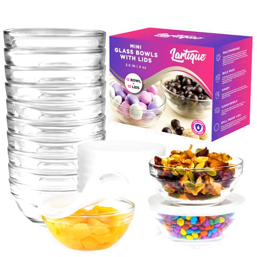 Lartique Mini 3.5 Inch Small Glass Bowls with Lids - Small Bowls Perfect for Prep, Dips, Nuts, or Candy - Meal Prep Bowls or Dessert Bowls, Set of 12
