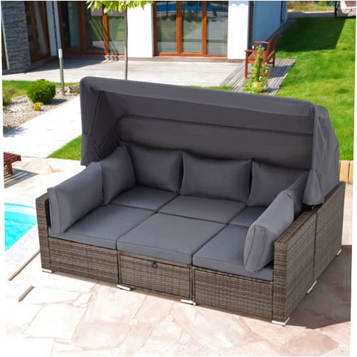 HOMREST 6 Pieces Patio Furniture Sets, Outdoor Rattan Daybed with Retractable Canopy, Outdoor Sectional Sofa Set with Adjustable Backrest, Chaise Chair Sunbed for Garden Poolside Backyard（Grey