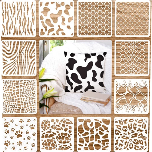 Outus 12 Pieces Animal Print Stencils Painting Templates Stencils DIY Stencils for Scrapbooking Drawing Tracing DIY Design Furniture Wall Floor Decor (7.87 x 7.87 Inch)