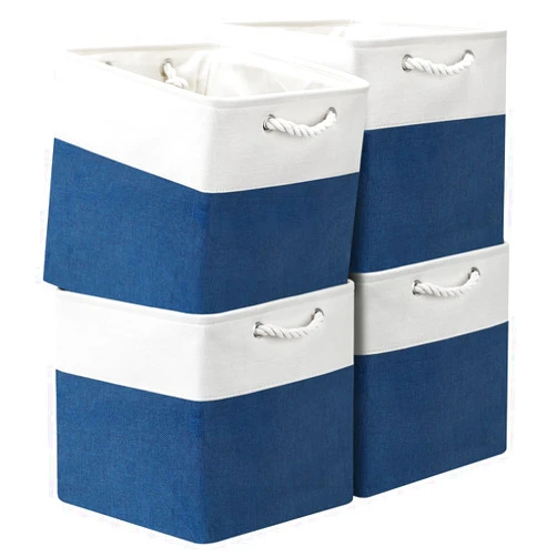 Posprica Storage Cubes 13x13, Collapsible Storage Bins Organizer for Closet, Fabric Storage Box with Cotton Rope Handles, Decorative Storage Baskets for Shelves, Nursery, Toy, set of 4 - White/Blue