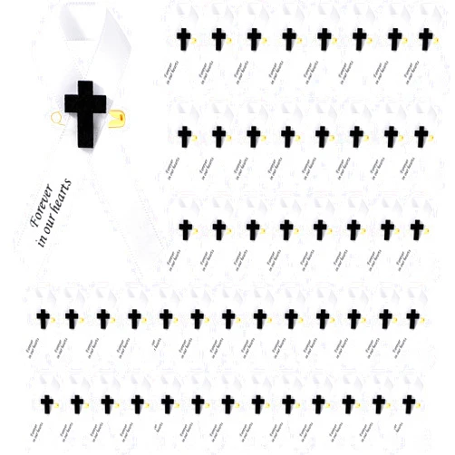 Geosar 50 Pcs Funeral Ribbon Pins with Cross Memorial Pins for Funeral Party Mourning Event Remembrance Supplies(White)