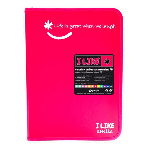 Grafoplás 4800954. Zipper Ring Binder, A4+, Fuchsia Pink, 4 Rings 25 mm, Like, Polypropylene